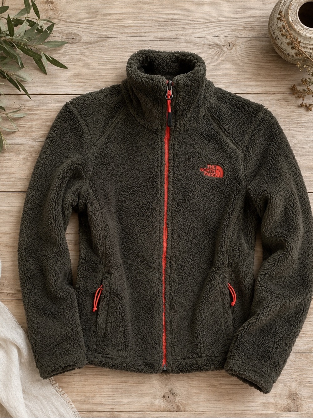 The North Face Women’s XS Hunter Green Orange Accents High Pile Fleece Jacket